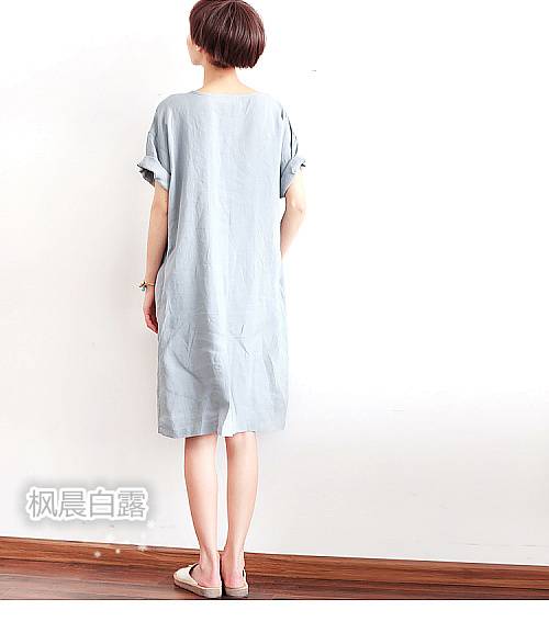 枫晨白露2015夏装新款欧美短袖亚麻大码女装连衣裙显瘦棉麻修身裙子.
