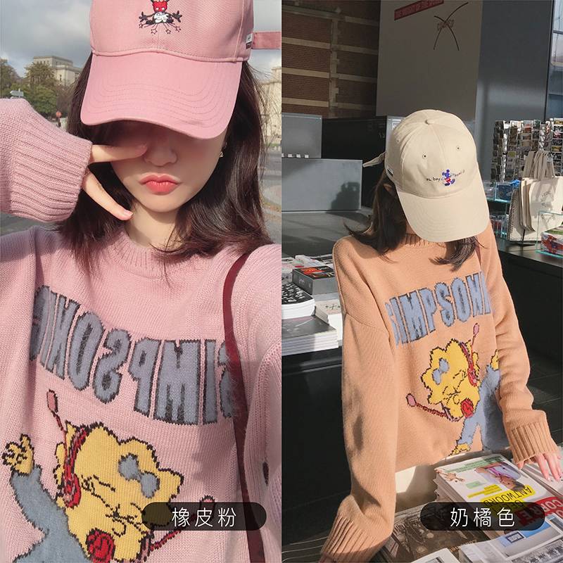 张大奕 辛普森卡通图案提花宽松圆领套头针织衫保暖中长款毛衣女