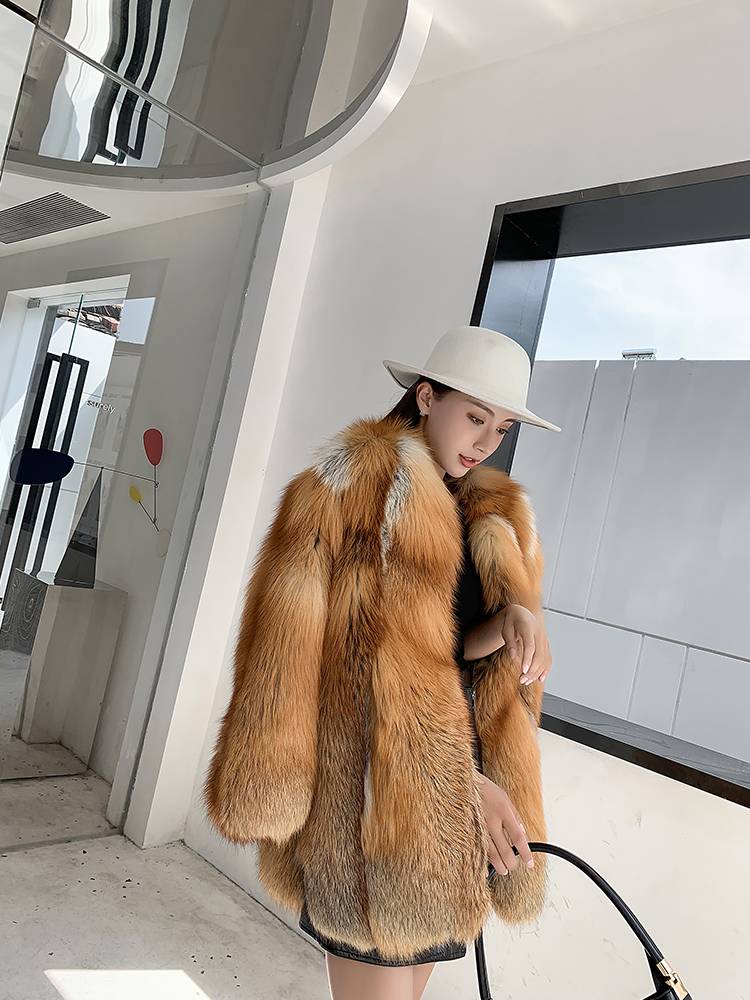 2019新芬兰进口整皮红狐皮草外套女中长款本色狐狸毛皮草外套
